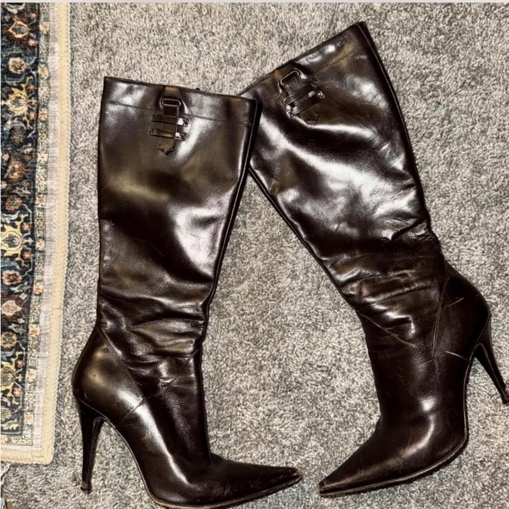 Women's Black Leather Pointed-Toe Stiletto Knee-High Boots